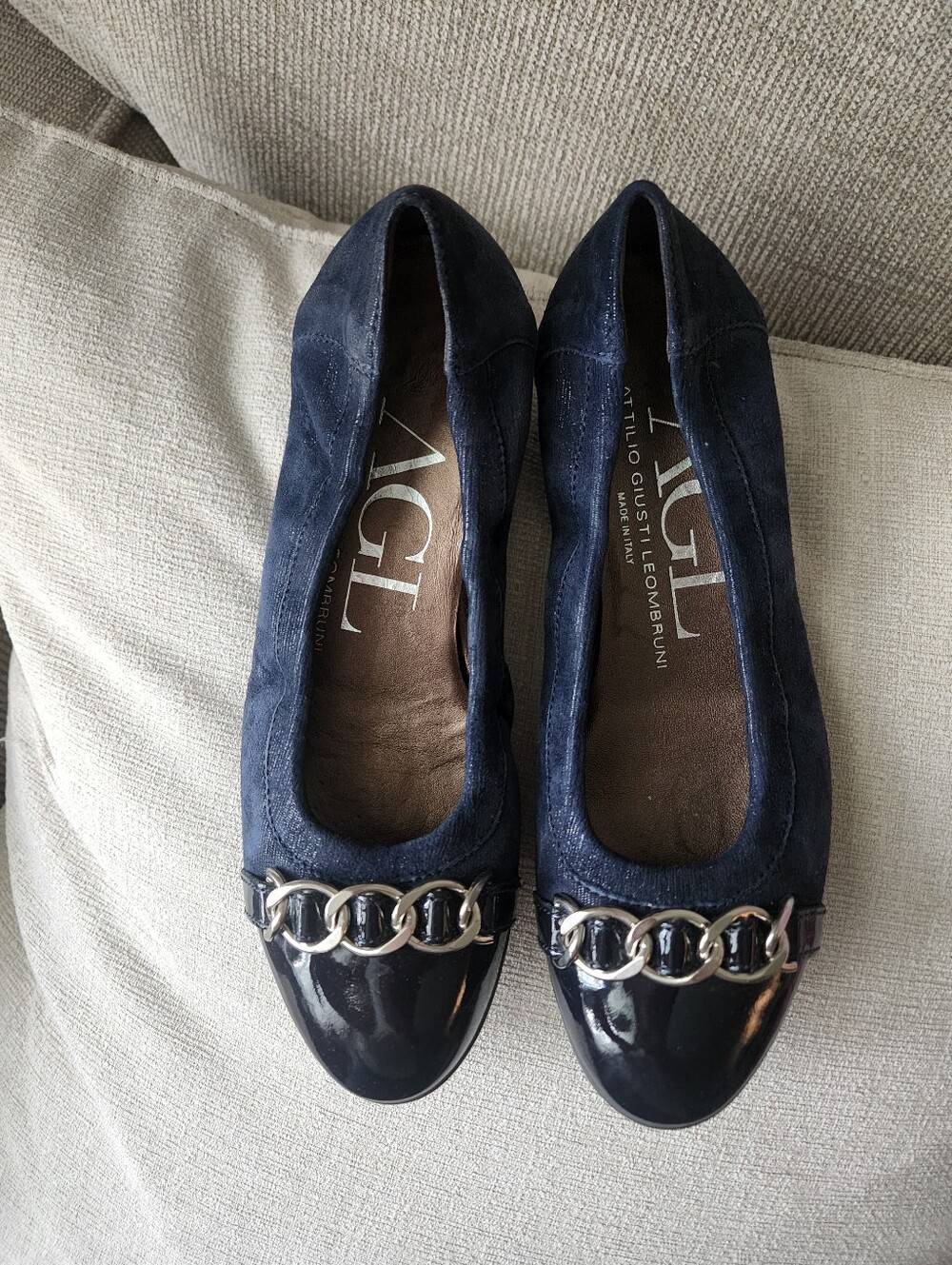 Agl Navy Suede Flats with Patent Toe and Silver Chain